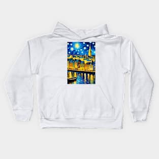 Starry night style city lake Kids Hoodie